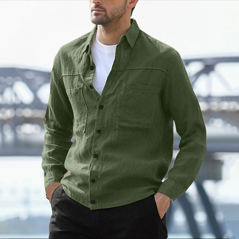 WREESH Men s Casual Button Down Shirt Cotton Linen Solid Long Sleeve Shirt Tops Olive Green Walmart