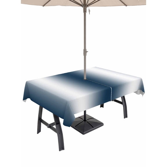 Dark Blue White Ombre Outdoor Tablecloth with Umbrella Hole, Abstract Art Modern Blue Gradient Waterproof Outdoor Table Cover, Patio Tablecloths for Party Picnic Camping, Rectangle 54"x80"