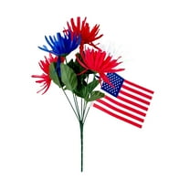 Patriotic Memorial Bouquet Artificial Blooming Chrysanthemum, Thank You Veterans Roses with American Flags, Artificial Full Blooming Flowers for Memorial Day, Red/Blue/White