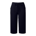 thumbnail image 4 of Evdexr Cotton Linen Capri Pants Womens Petite Straight Leg Vacation Cropped Pant Drawstring Casual Trousers Below the Knee Baggy Harem Pants with Pockets Navy S, 4 of 6