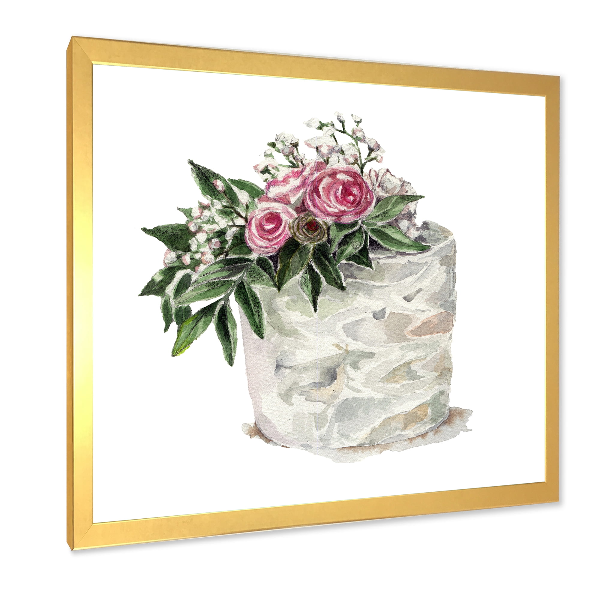 Designart 'White Flowers and Pink Roses On Cake' Traditional Framed Art Print