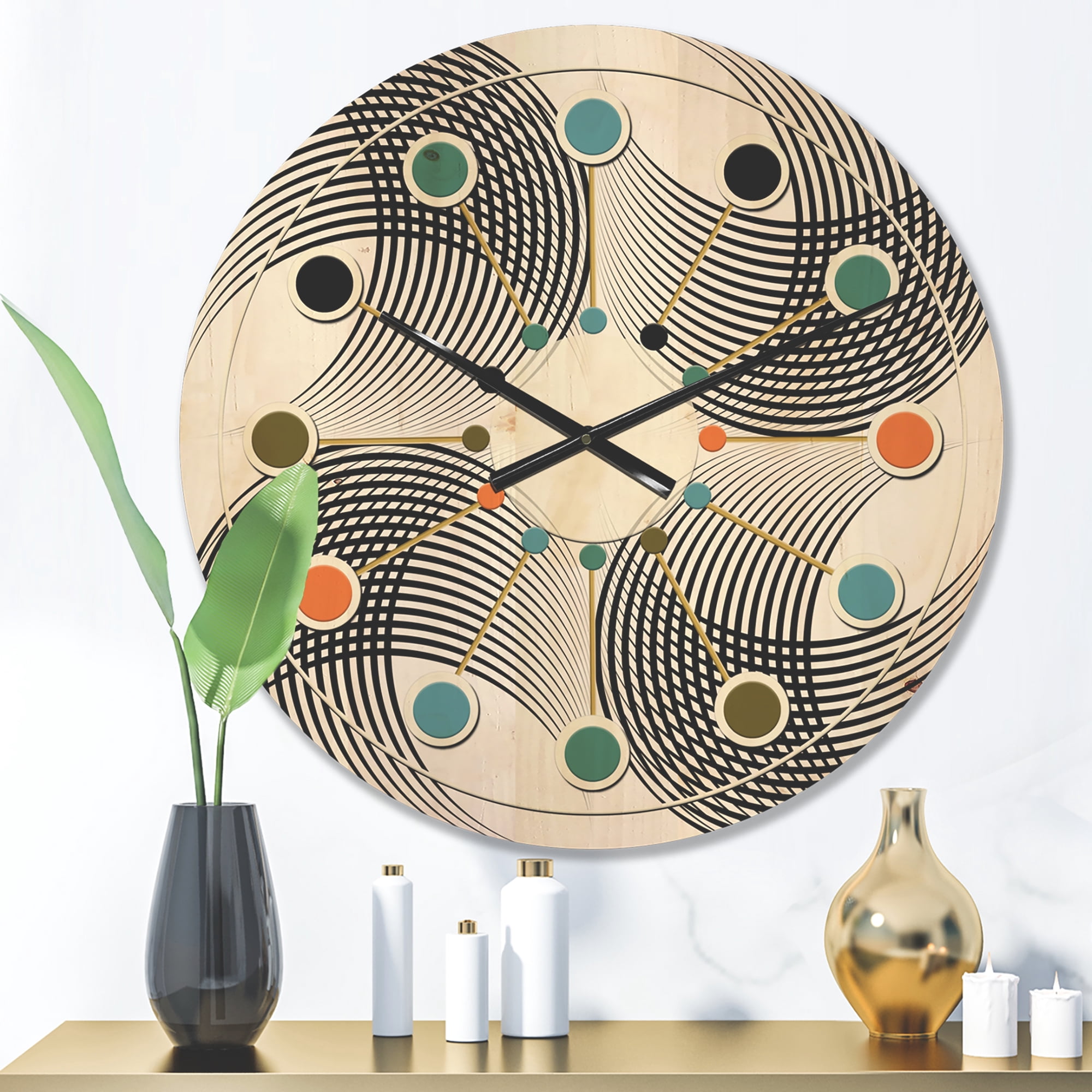 Designart 'Black and White Geometric Pattern IX' Mid-Century Modern Wood Wall Clock