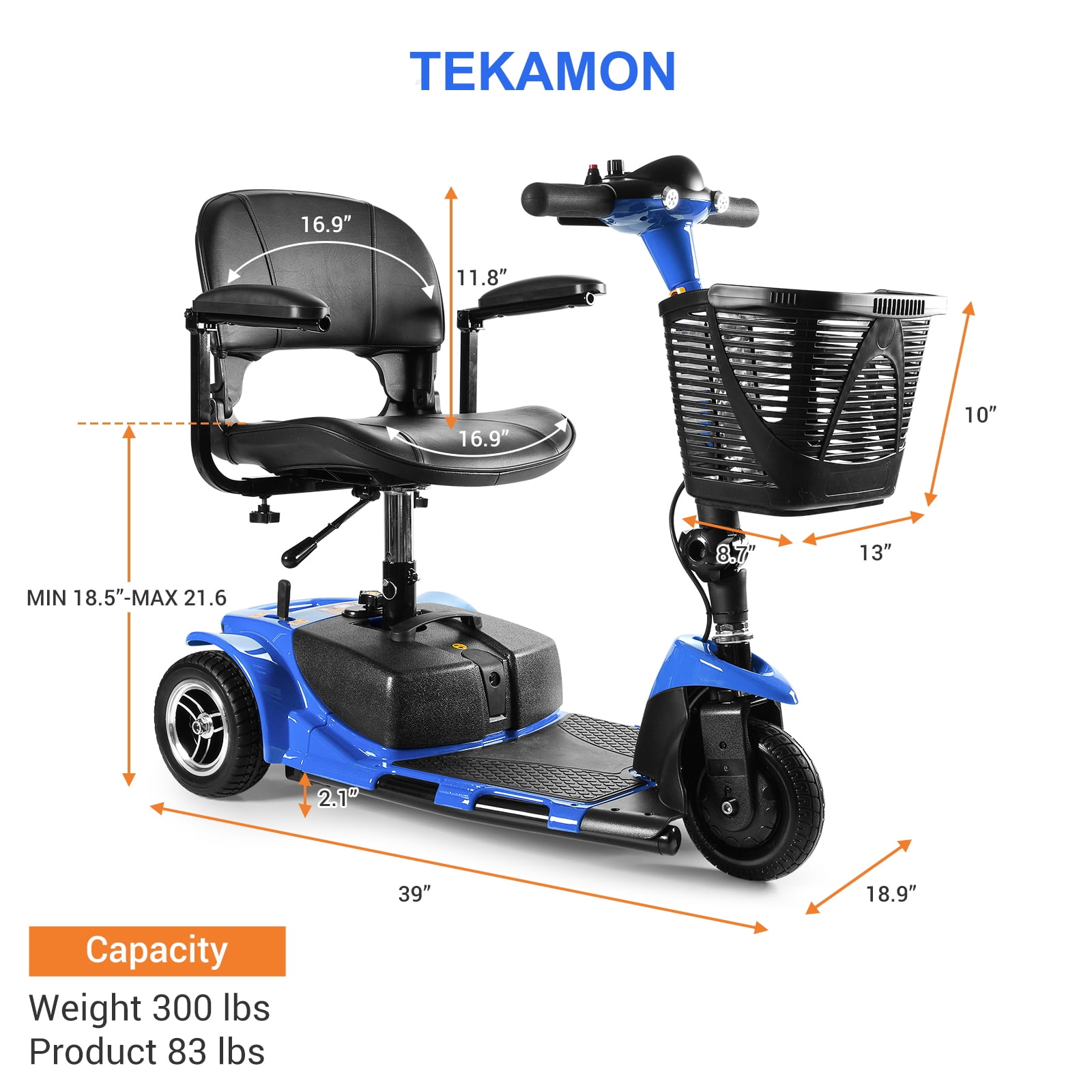 TEKAMON 3 Wheels Folding Powered Mobility Scooter for Senior/Adult Compact Electric Wheelchair for Travel, W/ Long Range Battery and Charger, Blue