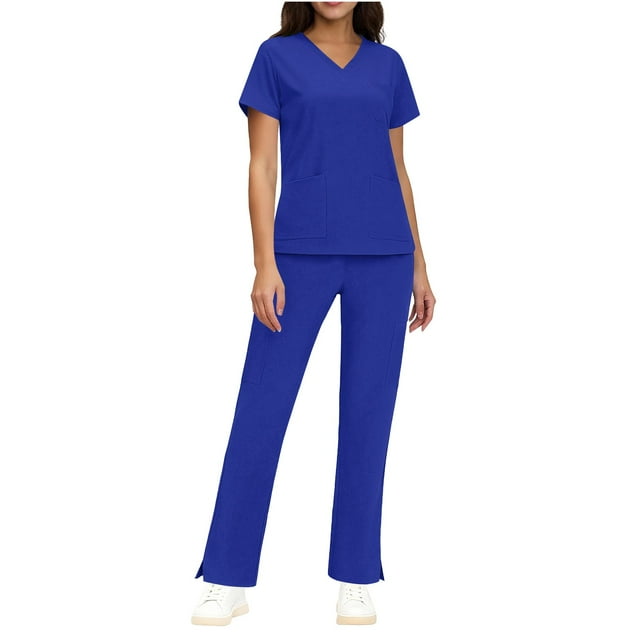 TaTaai Women Short Sleeve V-Neck Nursing Scrub Set Solid Color with Pockets Medical Uniform Top & Bottoms Ladies Clinic Work Daily Wear Soft Breathable No Fading Versatile Outfit Gift