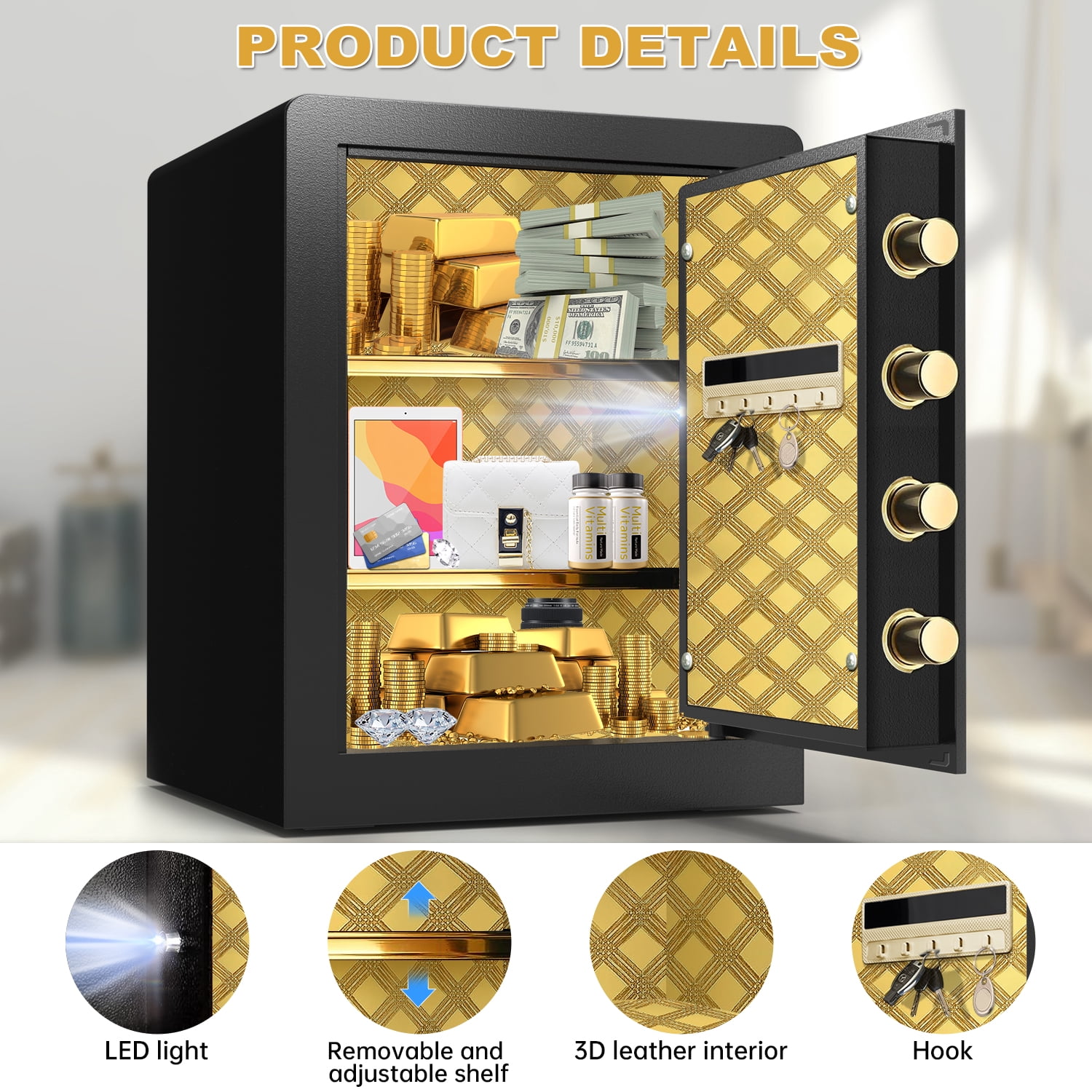 Kavey 2.1 Cub Safe Box Fireproof Waterproof, Home Safe with Dual Alarm System, LCD Digital Screen with Hidden Password Function, Fireproof Safe for Home Office Hotel