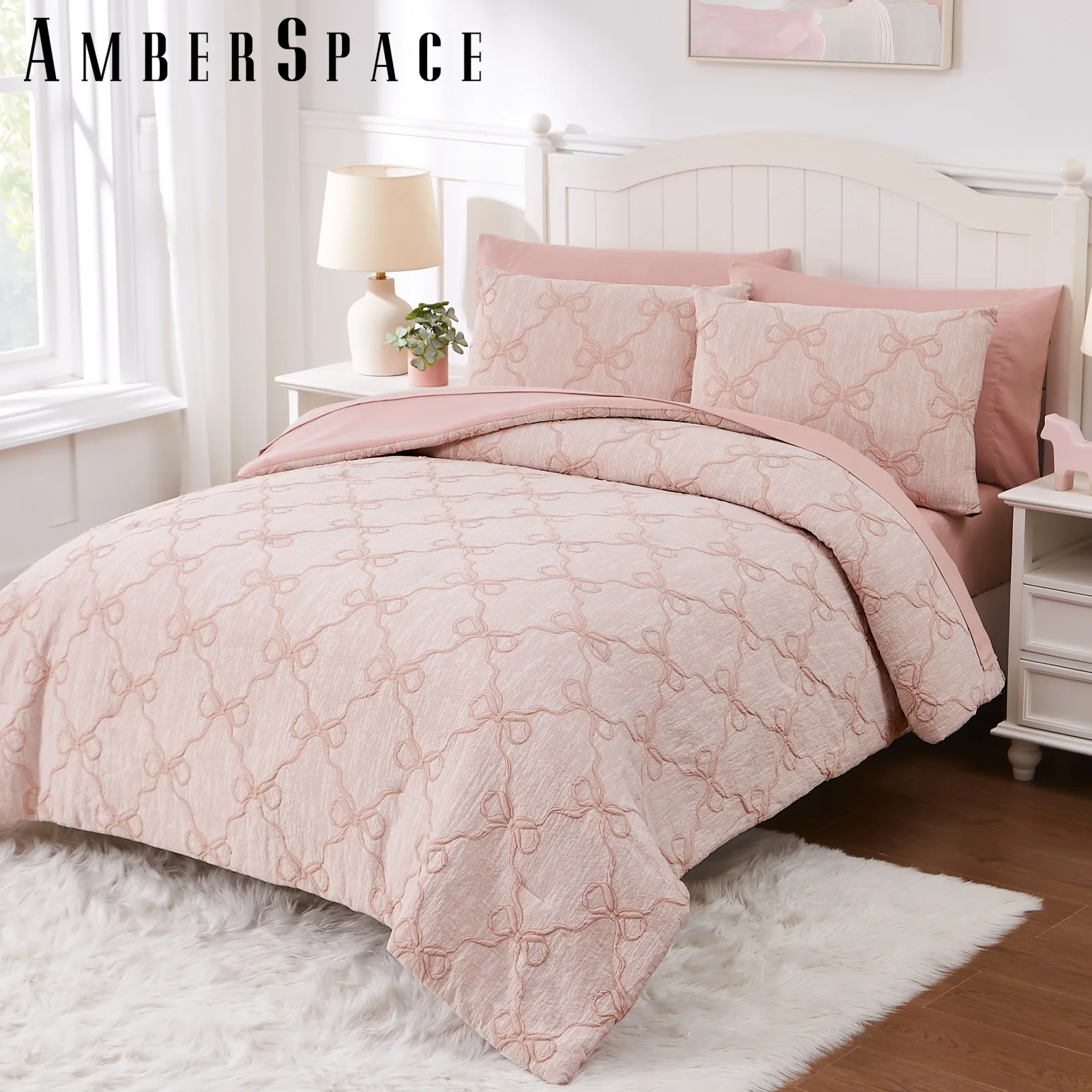 Amberspace Diamond Bow Design 7-piece Bed in a Bag Comforter Set with Sheets,Pink,Full