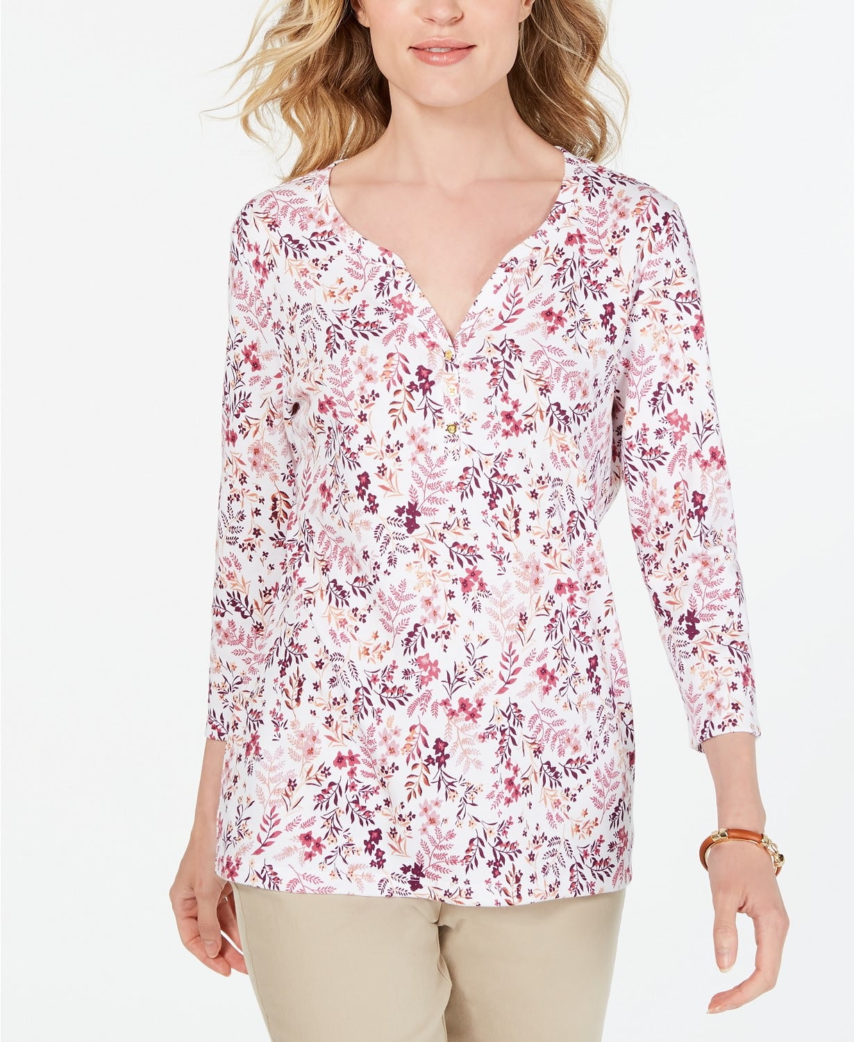 Karen Scott Women's Petite FloralPrint Henley Top White Size Petite