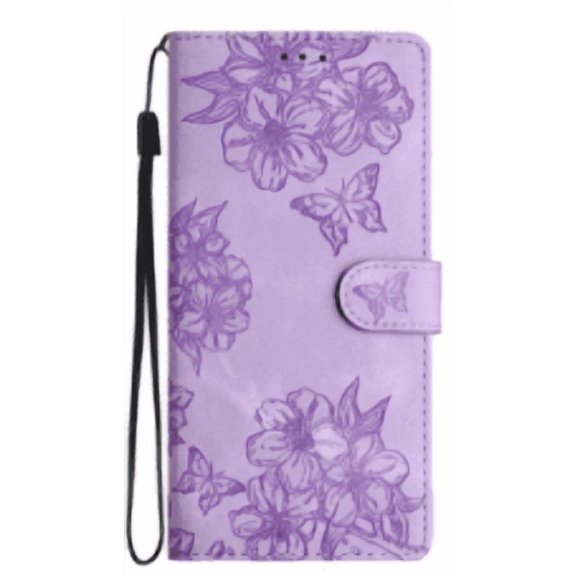 CaseHome Wallet Case for iPhone 16 Pro Max, Cute Embossed Cherry Blossoms Butterfly Pattern Magnetic Closure Leather Flip Cover Card Holder Kickstand Protective Case for Girls Women, Purple