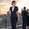 thumbnail image 4 of AZoiNM Women's Checkered Suit Set One Button Blazer Short Sleeve Tapered Pants, 4 of 13