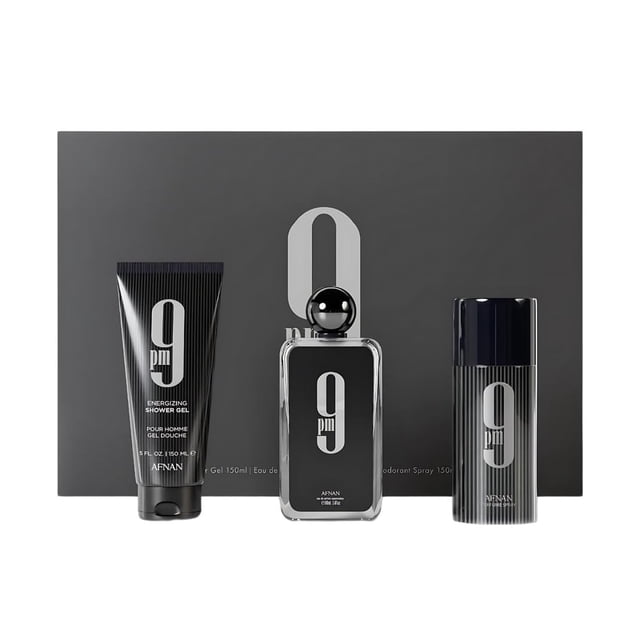 Afnan 9 Pm Juego de 3 piezas para hombres (3.4 Oz De Parfum Eau De Parfum Spray + 5.0 Oz Gel de ducha + 5.0 Oz Perfume Desodorante)