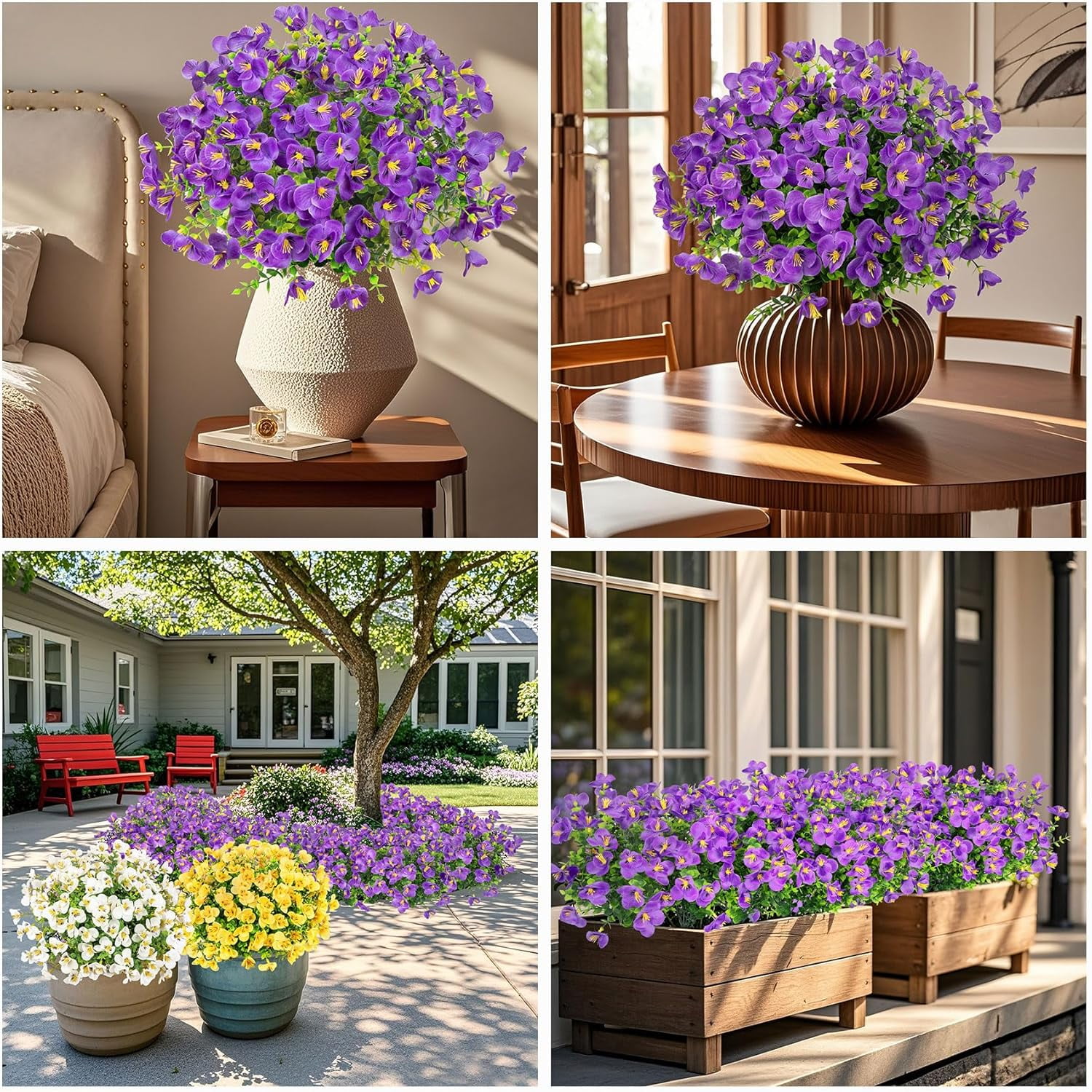 XEAZON Artificial Pansy Flowers, 12 Bundles Fake Silk Pansies Flowers, UV Resistant Silk Faux Plants for Outside Planter Window Box Front Door Porch Yard Home Party Decoration (Purple)