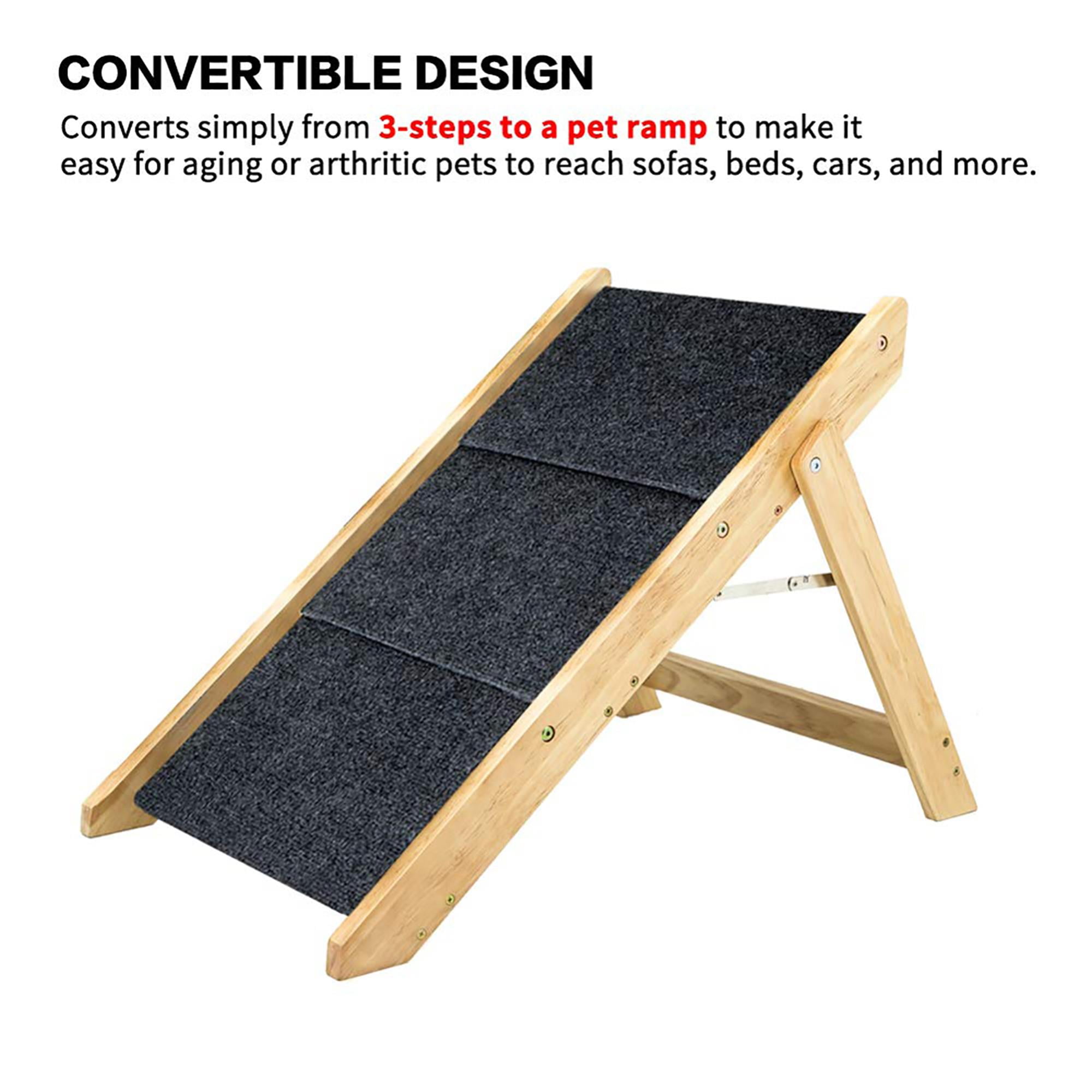 Pefilos Wood Pet Steps, Foldable 3 Steps Dog Stairs and Ramp Perfect for Beds and Cars, Portable Dog/Cat Ladder Up to 110 Pounds, Beige