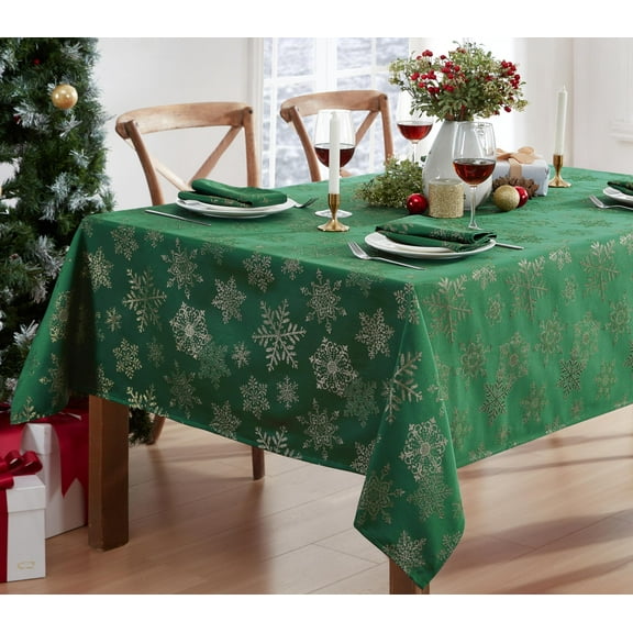 Christmas Fancy Hunter and Gold Metallic Snowflake 52 x 52 inch Square Fabric Dining Tablecloth