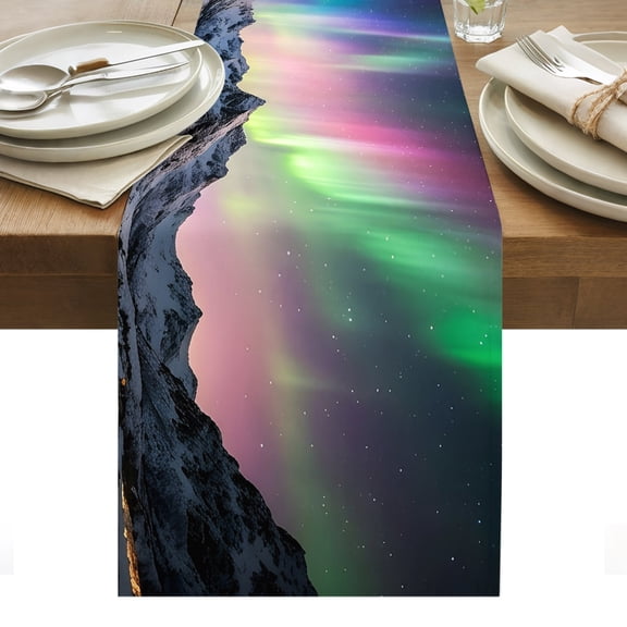 Colorful Night Sky Table Runner Snowy Peaks Glacial Mountains Tablerunners 16 x 72 Inch, Table Decorations Tabletop Scarf for Summer Gathering Holiday Farmhouse Kitchen Dining Decor