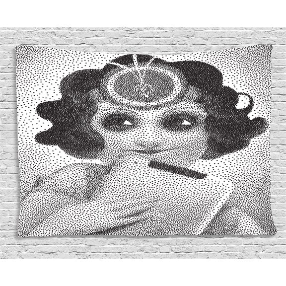Retro Tapestry, Pointillist Design of Pencil Drawn Curly Haired Girl Holding Her Tablet, Wall Hanging for Bedroom Living Room Dorm Decor, 60W X 40L Inches, Black Grey and White, by Ambesonne