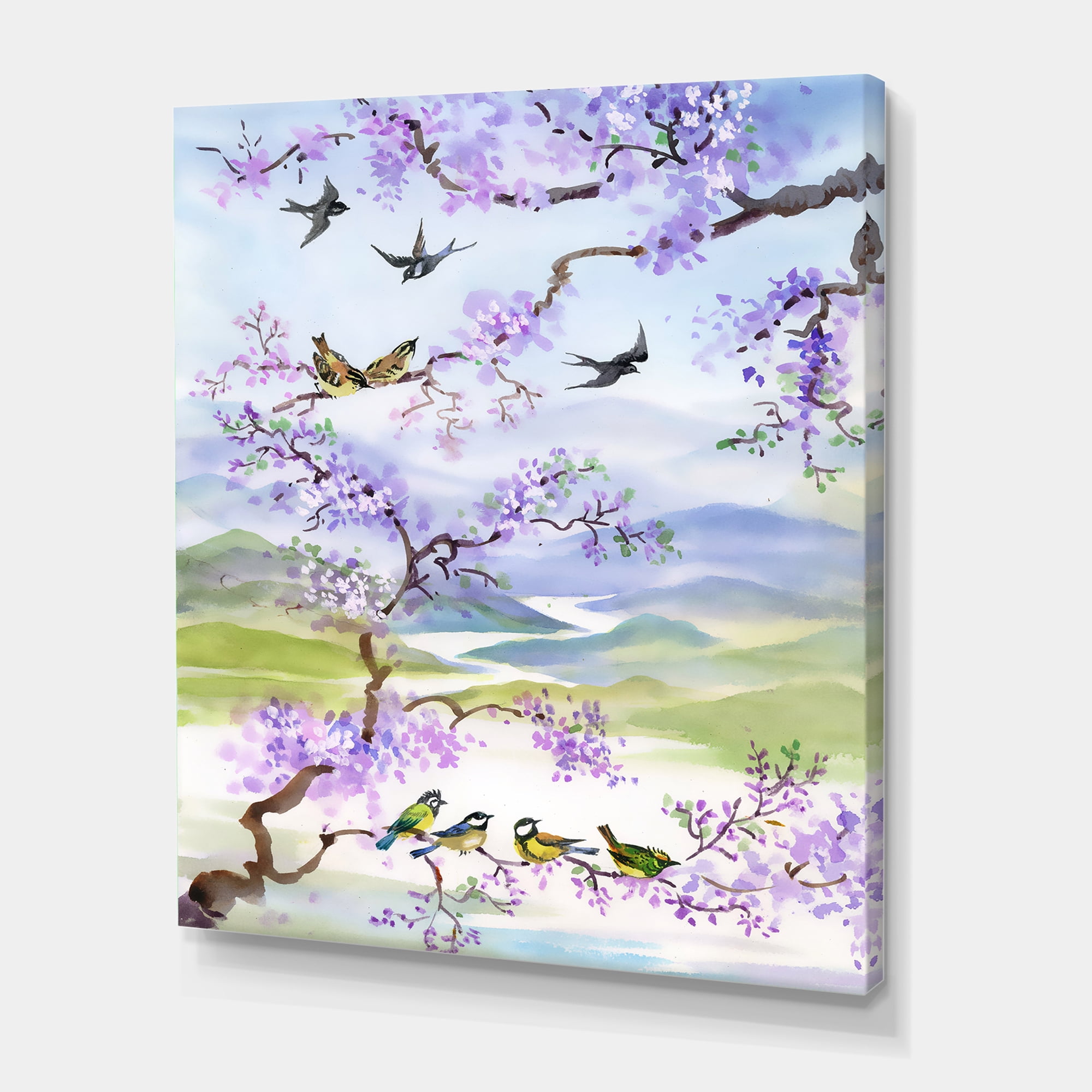 Designart ' Birds Sitting On Cherry Branch ' Traditional Canvas Wall Art Print