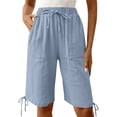 thumbnail image 6 of GUACER Womens Wide Leg Shorts Casual Drawstring Elastic Waist Linen Summer Bermuda Shorts with Pockets Hem Tie, 6 of 9