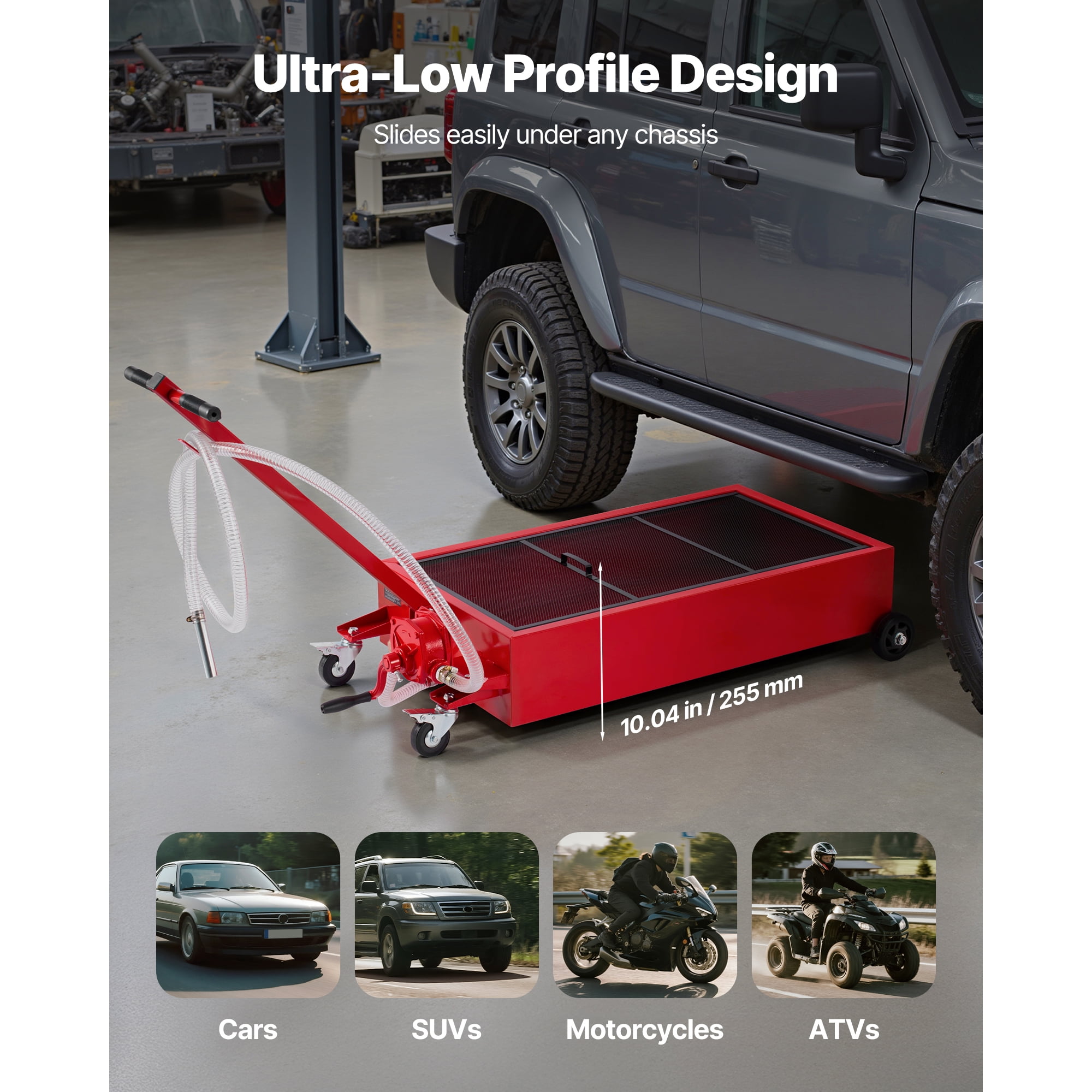 KFFKFF 20-Gallon Low-Profile Oil Drain Pan with Manual Pump, Rolling Design, 7.2 ft Hose, T-Handle, Durable and Corrosion-Resistant, Suitable for Cars, SUVs, Trucks, and ATVs, Red