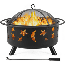 Renwick Round Metal Fire Pit with Stars Moons Pattern, Black