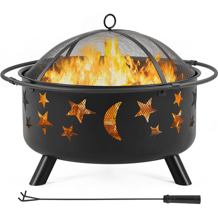 Renwick Round Metal Fire Pit with Stars Moons Pattern, Black