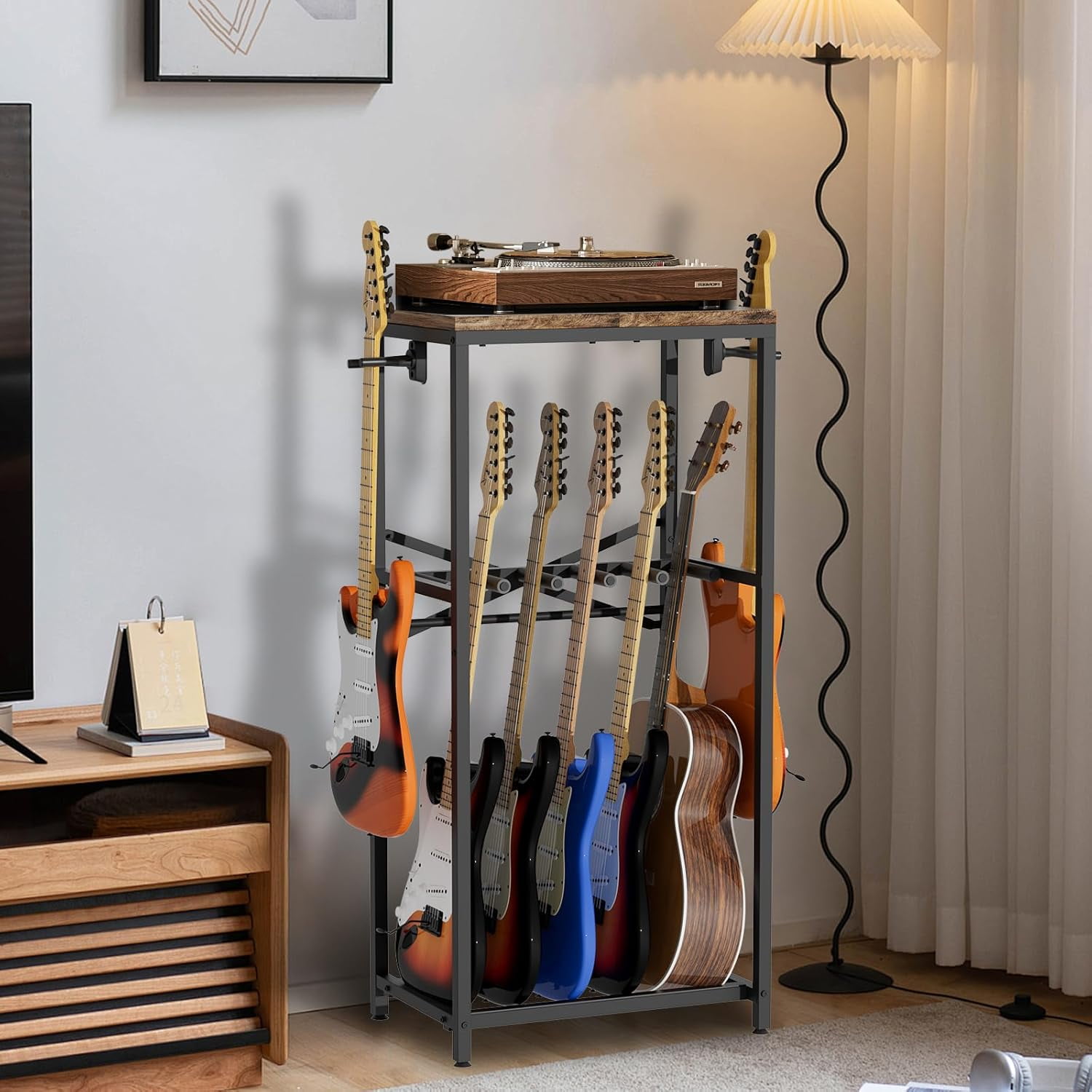 Guitar Stand for Multiple Guitars, Guitar Rack for Acoustic Guitar, Electric Guitar, Bass and Ukulele, Rustic Guitars Display Stand with 2 Guitar Hangers, Gold