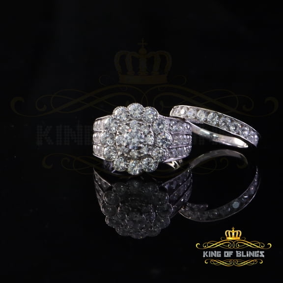 King of Bling's White Silver Round 7.50ct CZ Flower 7 stone Double Bridal Womens Ring Size 7