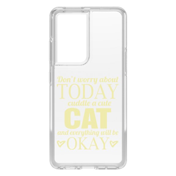 DistinctInk Clear Shockproof Hybrid Case for Galaxy S21 ULTRA 5G (6.8" Screen) - TPU Bumper Acrylic Back Tempered Glass Screen Protector - Cuddle a Cat Everything Will Be Okay