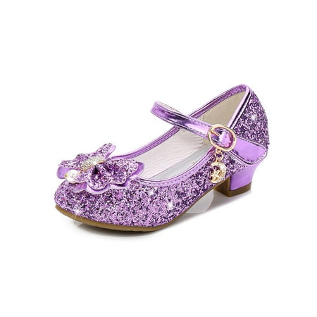 

Woobling Girls Mary Jane Bow Princess Shoe Glitter Dress Shoes Wedding Lightweight Sparkling Cute Purple 10C