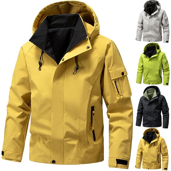 Men Winter Jacket Solid Color Waterproof Jackets Long Sleeved Hooded Workwear with Multiple Pockets Jacket