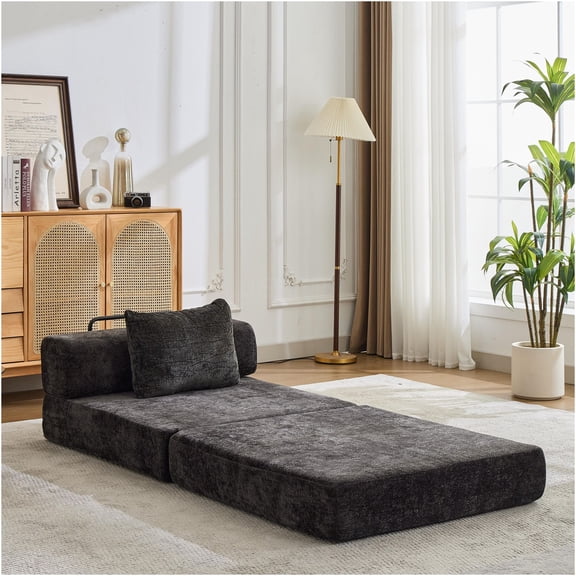 JERFIT Convertible Floor Sofa Bed, Memory Foam Foldable Futon Couch for Small Spaces, No Assembly Chenille Sofa Chair, Single Seater Sleeper for Living Room, Bedroom, Office, Black