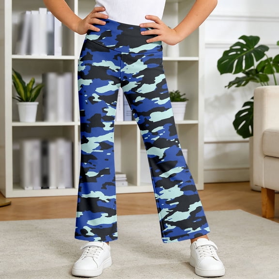 Trendfront Girls Wide Leg Pants Cool Camo Print Athletic Long Cut Sport Slacks Fashion Bell Bottom Flare Kids Casual Trousers Age 1-14Y