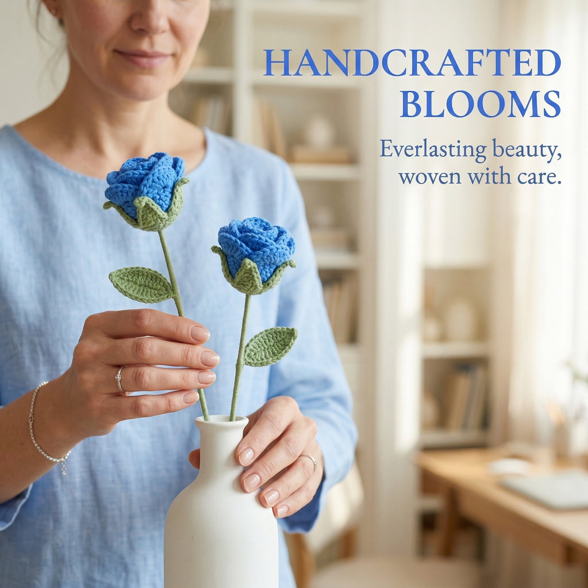 Unique Bargains 4Pcs Handmade Crochet Long Stem Realistic Fake Roses Dark Blue Pink 13in