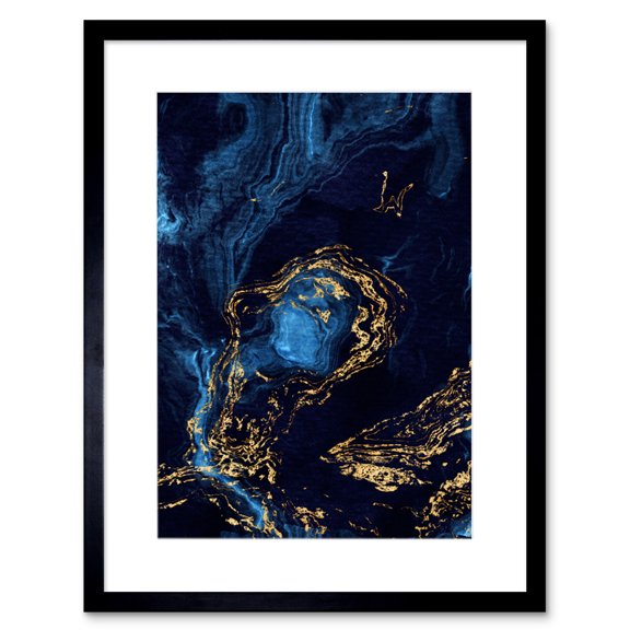 Abstract Dark Blue Gold Waves Art Print Framed Poster Wall Decor 9x7 inch