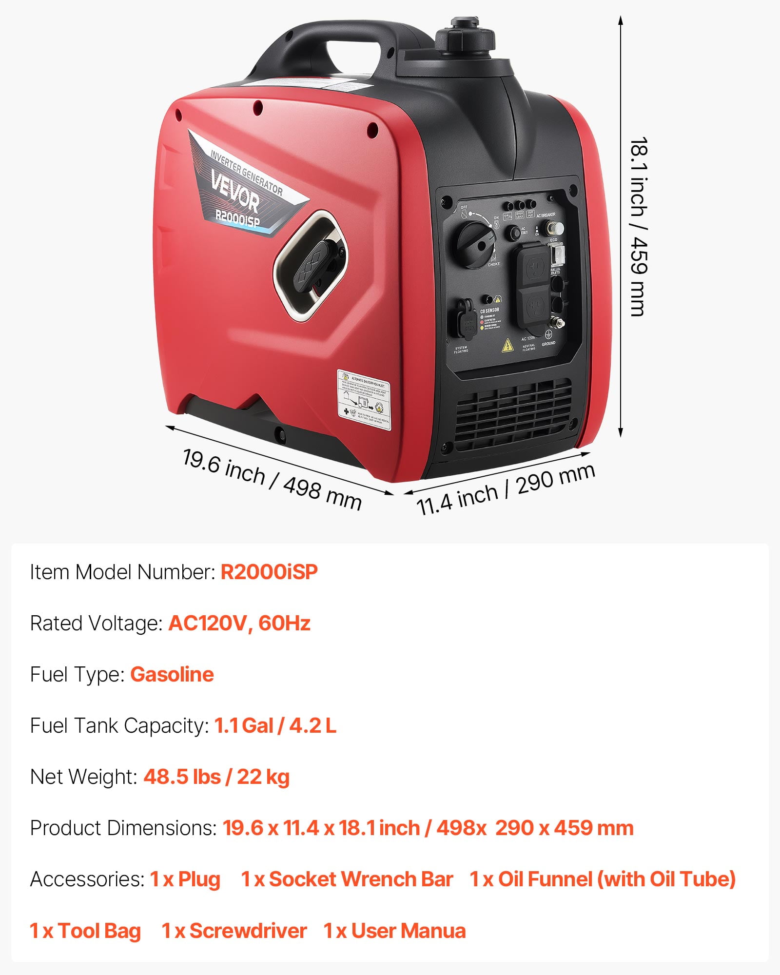 VEVOR Inverter Generator, 2900W Peak Watt Quiet Inverter Generator, Portable Inverters Generators for Home Use, Gas Powered, Compact and Lightweight Design - Stable Power, CO Sensor, Orange/Black