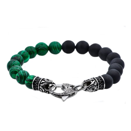 Arista Black Cubic Zirconia Genuine Malacite And Onyx Beaded Men's Bracelet Stainless Steel, 8.5"