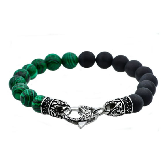Arista Black Cubic Zirconia Genuine Malacite And Onyx Beaded Men's Bracelet Stainless Steel, 8.5"