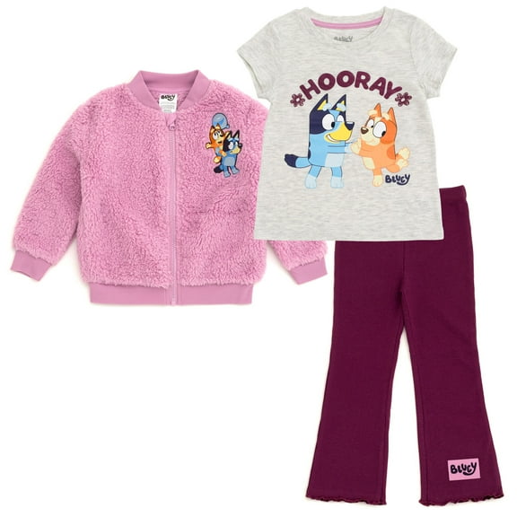 Bluey Bingo Faux Shearling Zip Up Bomber Jacket, T-Shirt and Ribbed Flare Pants 3 Piece Outfit Set Toddler to Big Kid