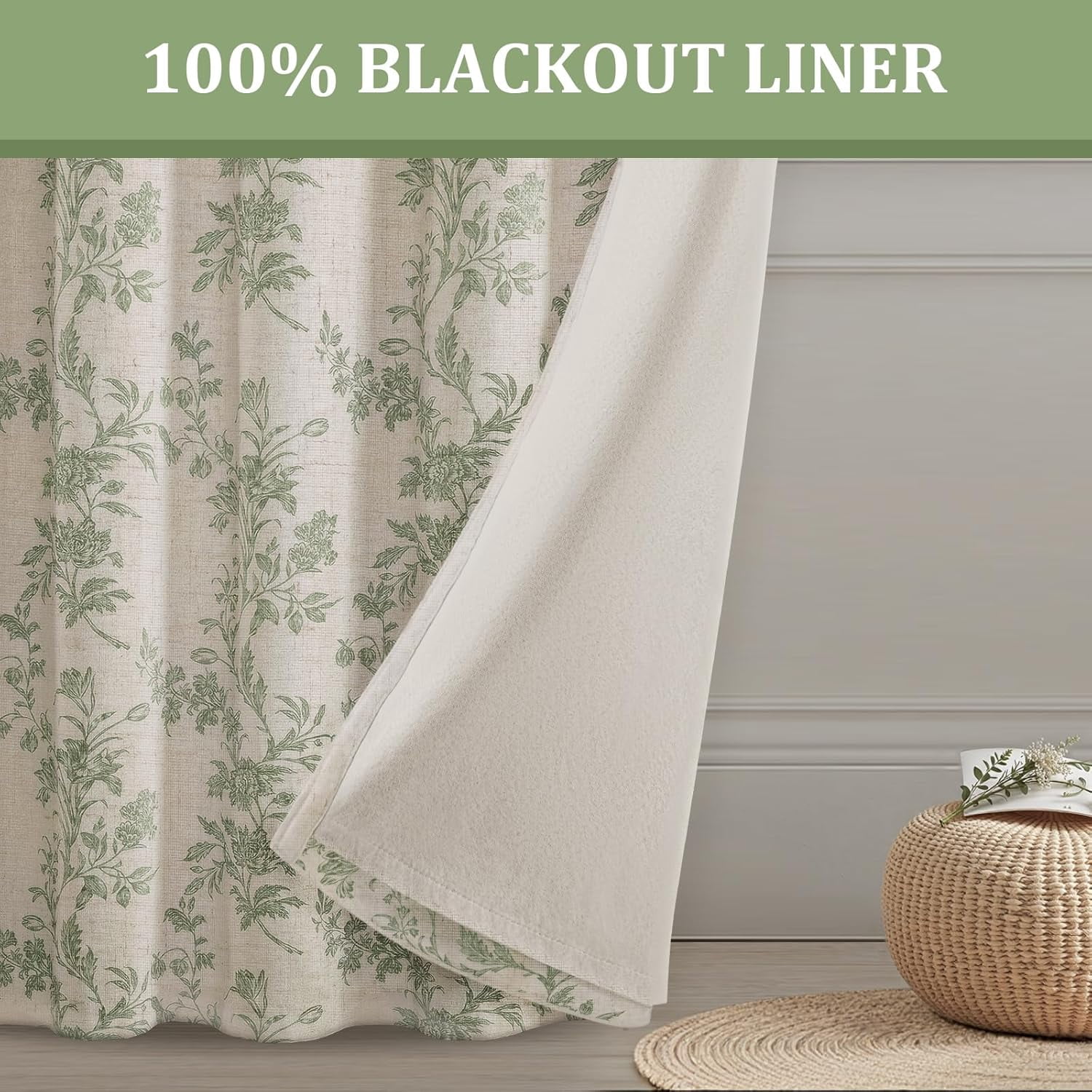 Floral Blackout Curtains Sage Green Printed Curtains Floral Blackout Curtains Farmhouse Boho Cottagecore Spring Curtains for Bedroom Modern Living Room 52"W x 84"L