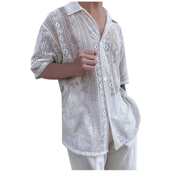 Jalioing Spring Summer Shirt for Men Lace Short Sleeve T-Shirt Lapel Button down Solid Color Dressy Top (X-Large, White)
