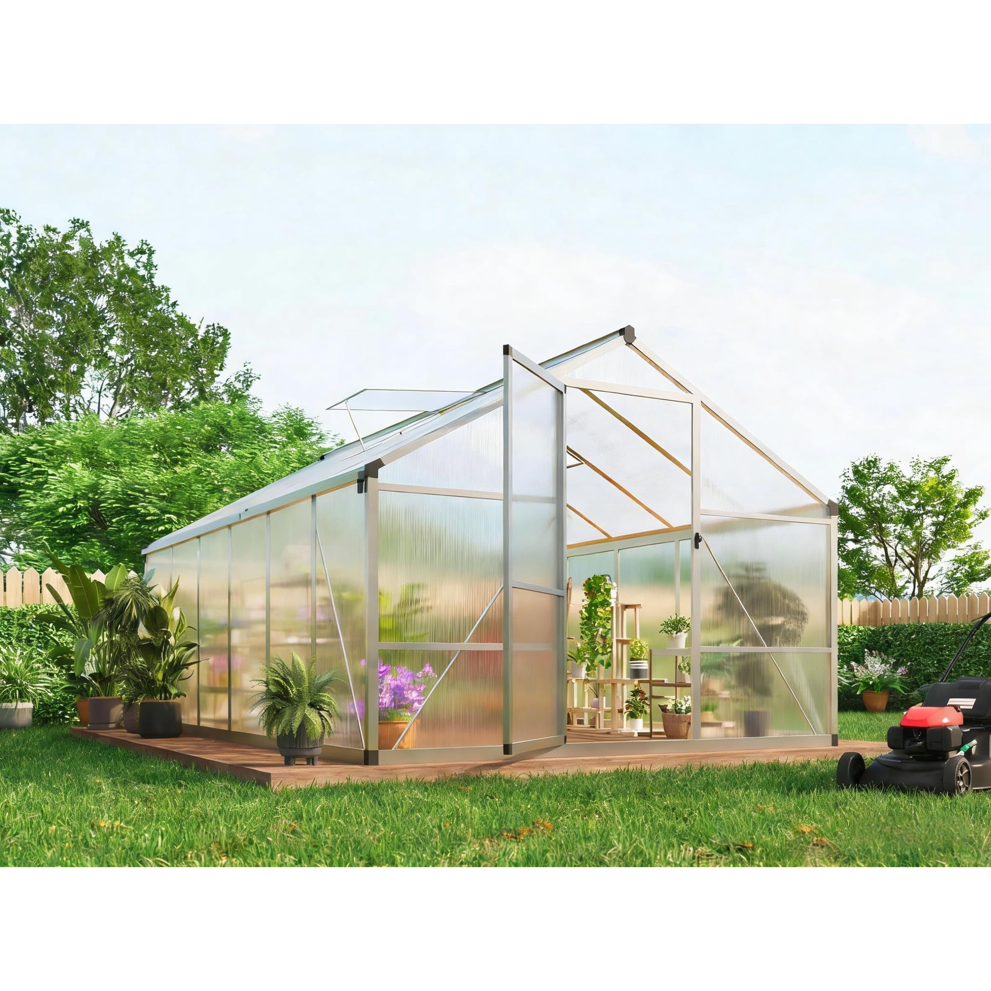 8X12 FT Greenhouse for Outdoors Walk-in Greenhouse Kit with Aluminum Frame Polycarbonate Panels Adjustable Roof Vent Sliding Door Secure Lock for Outside Garden Patio Backyard