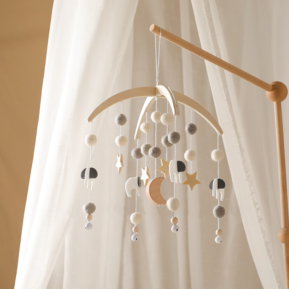 Wooden Crib Mobile, Baby Bed Bell with Stars & Moon Hanging Toys, Natural Wood Wind Chimes for Newborns, Rotating Soothing Mobile for Baby Nursery Décor – Gray