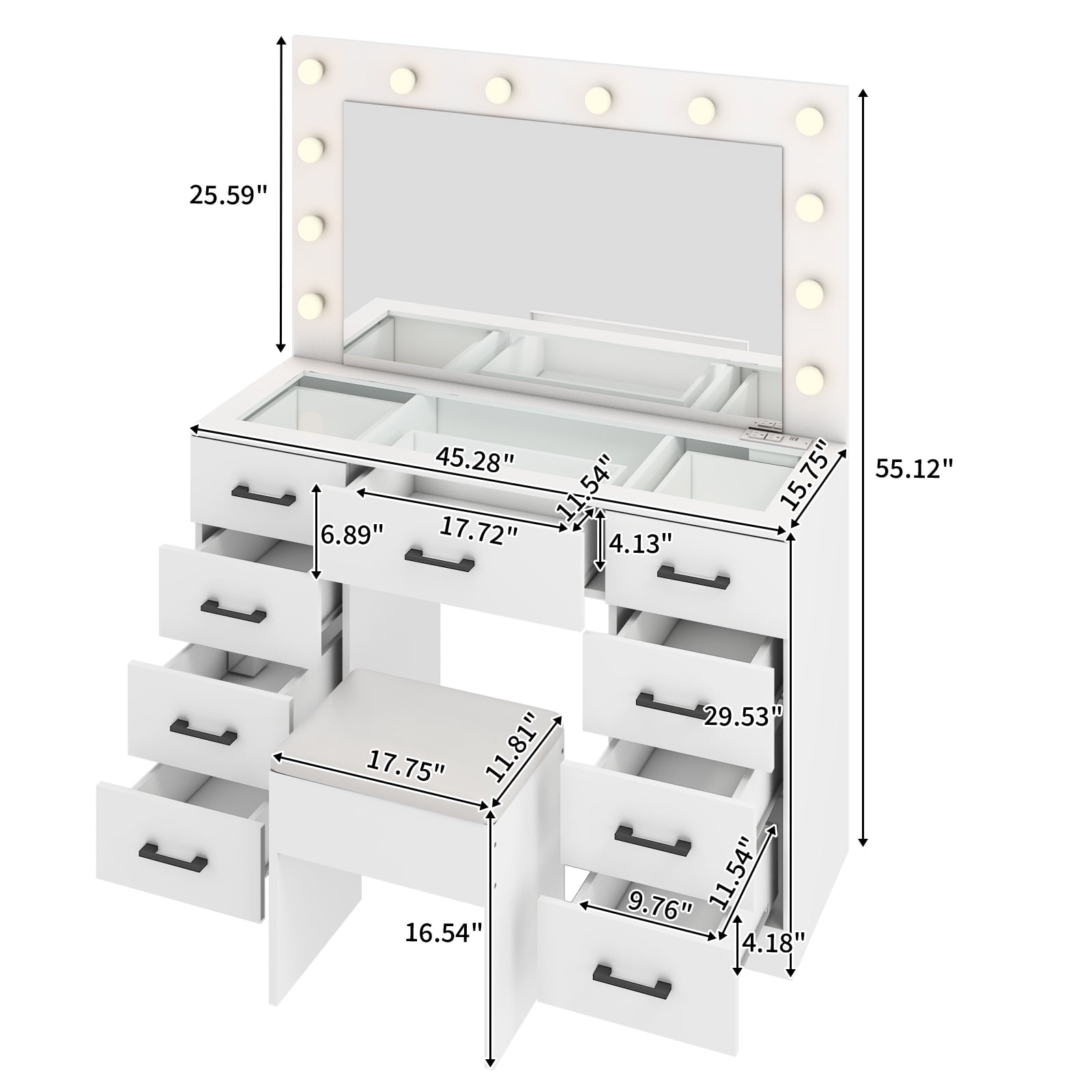 Ktaxon Large Makeup Vanity, Get Ready with Me GRWM Vanity Table Set w/ Visible Glass Top w/ Charging Station, White