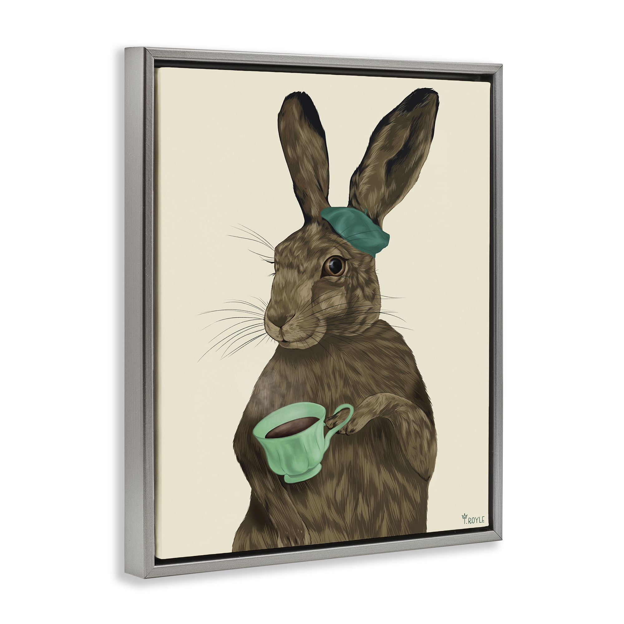 Stupell Industries Rabbit & Green Teacup Animals & Insects Painting Gray Floater Framed Canvas Art Print Wall Art, 17 x 21