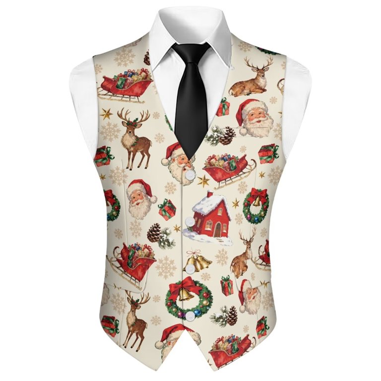 mens christmas dress vests Yuyamidu Santa Claus Men's Suit Vest Size L Reindeer V Neck Business Dress  Vests Christmas Formal Wedding Waistcoat Slim Fit
