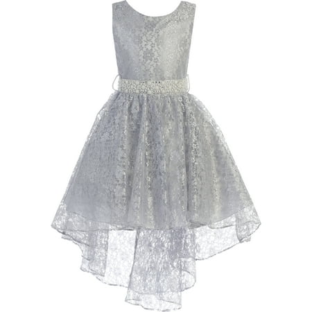 Little Girls Sleeveless Floral Lace Rhinestone High low Party Flower Girl Dress Silver Size 4  (J37K44)