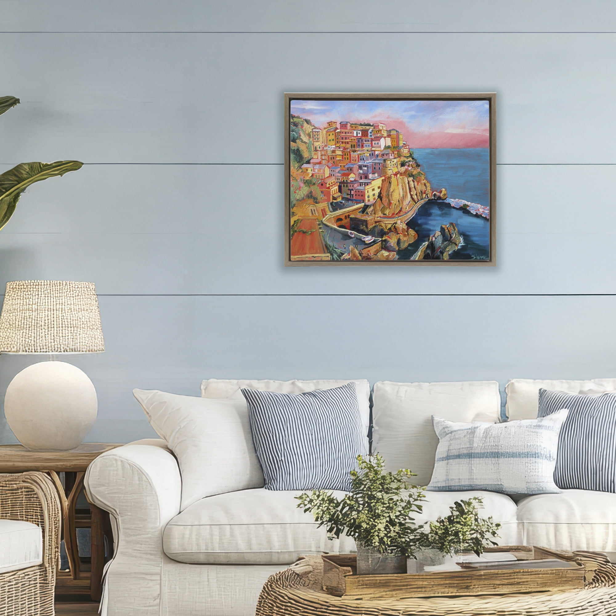 Stupell Industries Cinque Terre Seascape Architecture Brown Framed Floater Canvas Wall Art, design by Maxine Shore