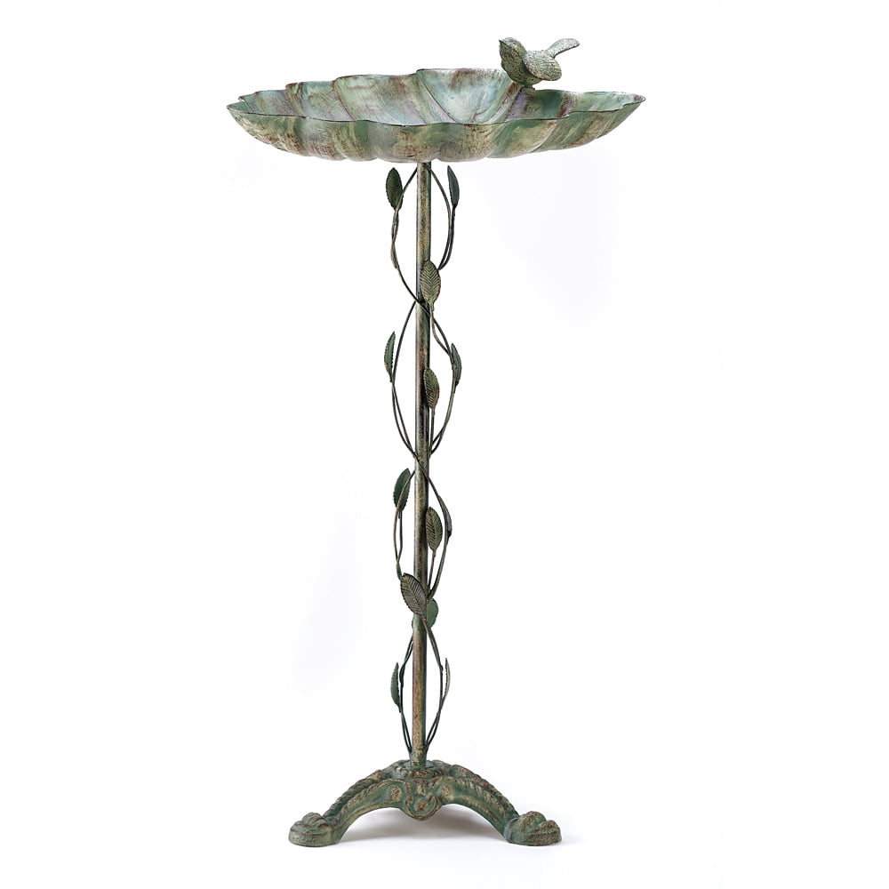 Pedestal Birdbath, Antique Style Cast Iron Parrot Birdbath Stand Verdigris by Songbird Valley