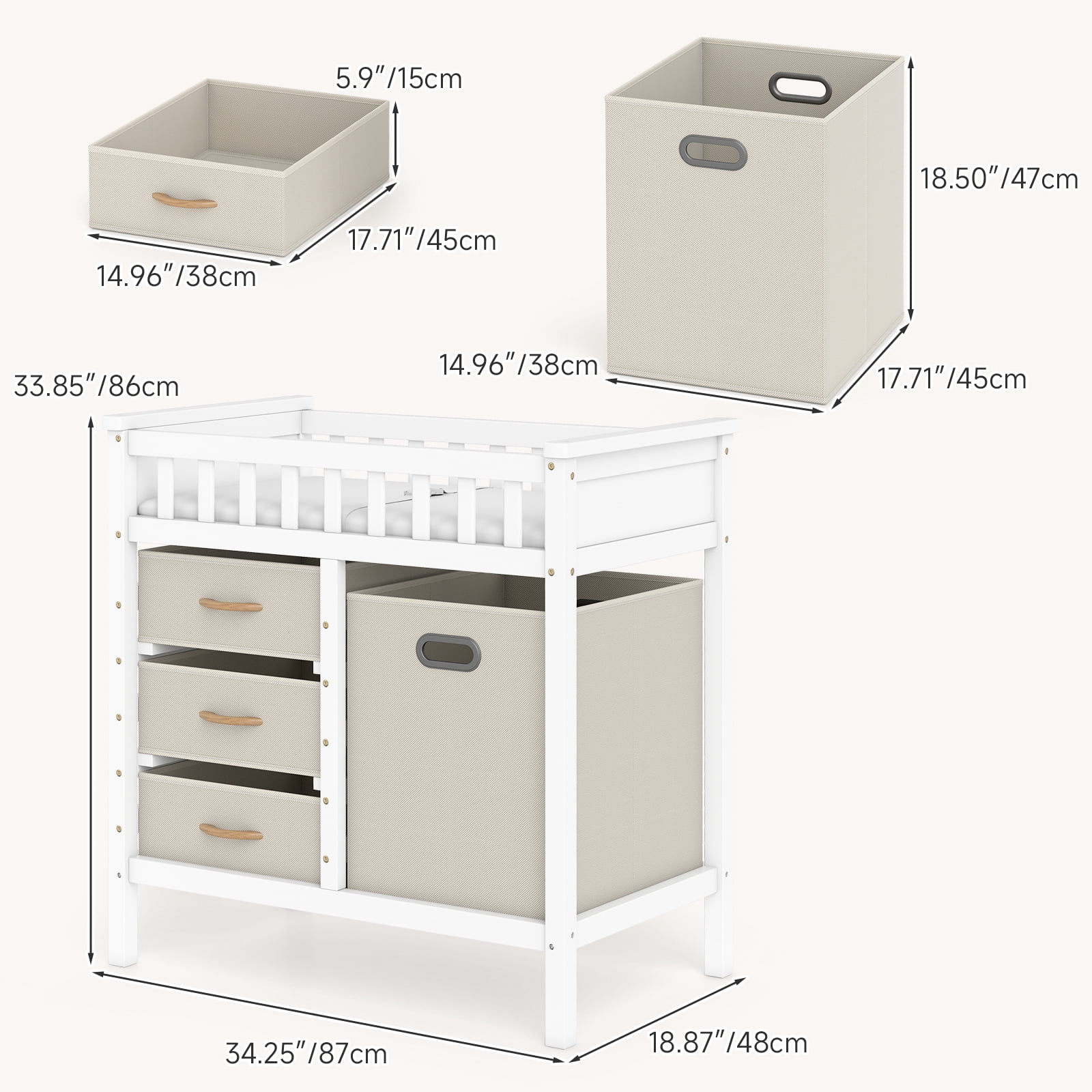 INFANS Baby Changing Table, Wooden Diaper Station Dresser with 3 Fabric Drawers, Laundry Hamper, Safety Belt, Pad for Nursery Infant
