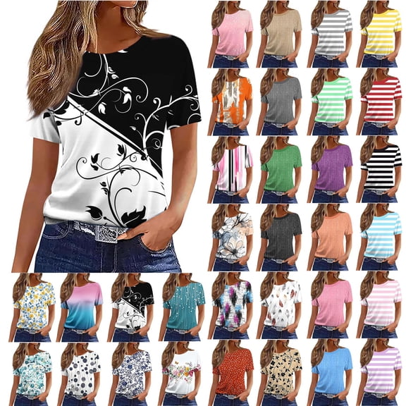 NSLGXD Womens T Shirts Summer Round Neck Short Sleeve Shirts Cute Graphic Tees Breathable Vacation T Shirts S-2XL Black Tops