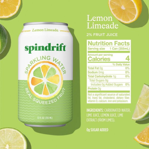 Spindrift Sparkling Water, Lemon Limeade, Made with Real Squeezed Fruit, 12 fl oz, 8 Count, No Sugar Added, 4 Calories per Can